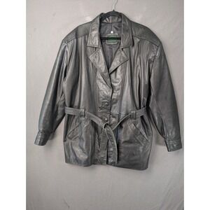 Libra Vintage Black Leather Belted Trench Coat Jacket XL Made in Mexico